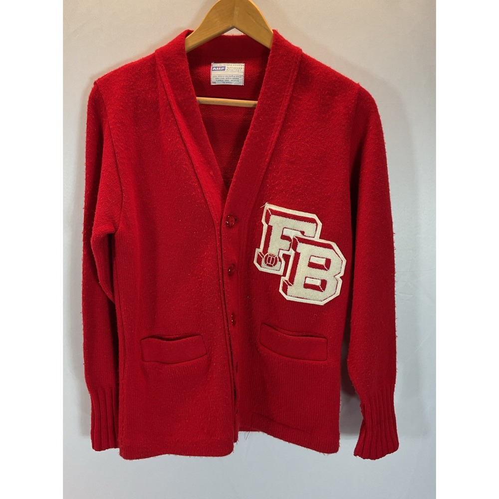 VTG AMF Red White Cardigan Sweater sz 36 / SM Cheerleader Cheer Squad‎ USA